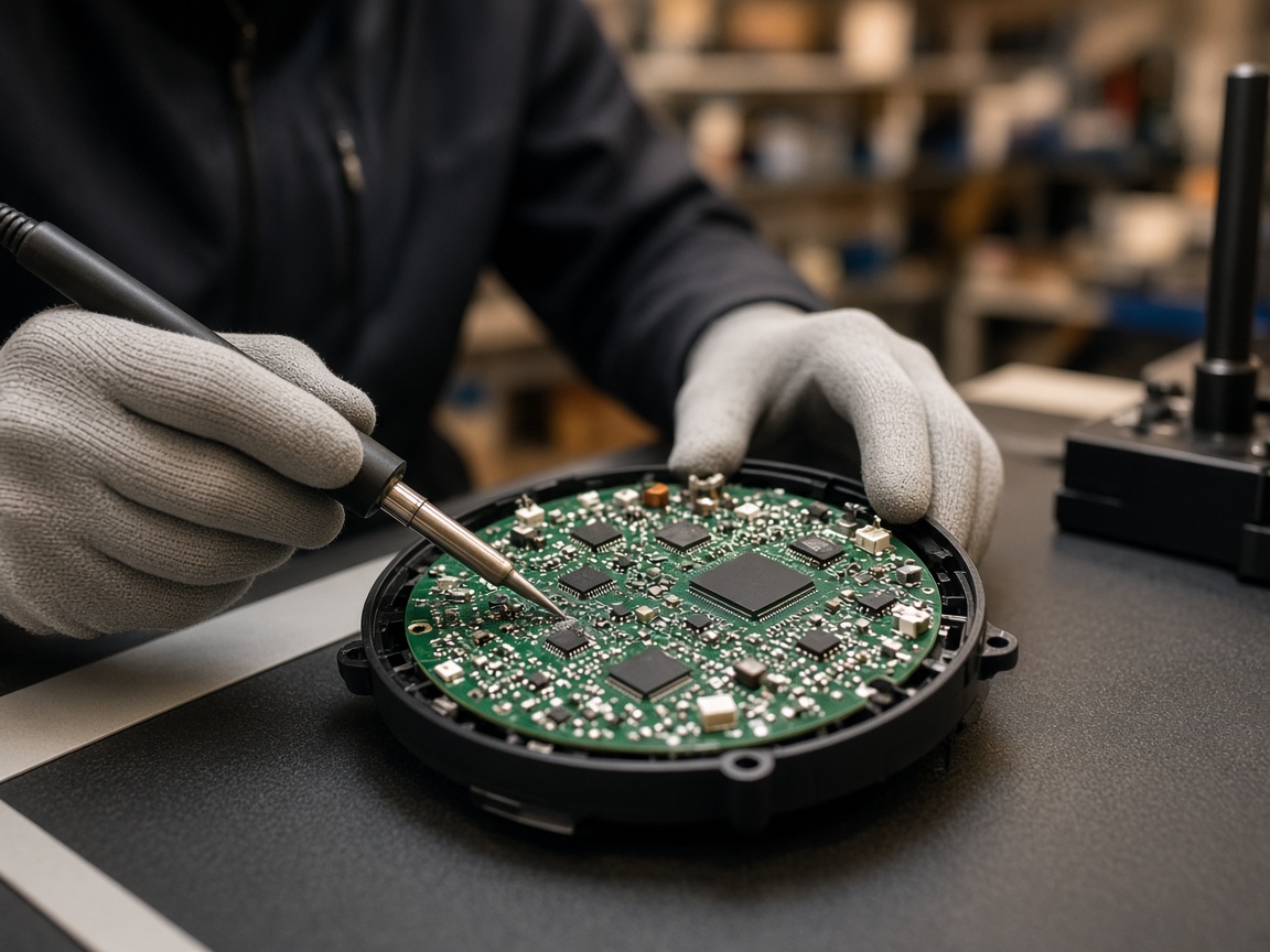 Technician soldering a robot vacuum circuit board