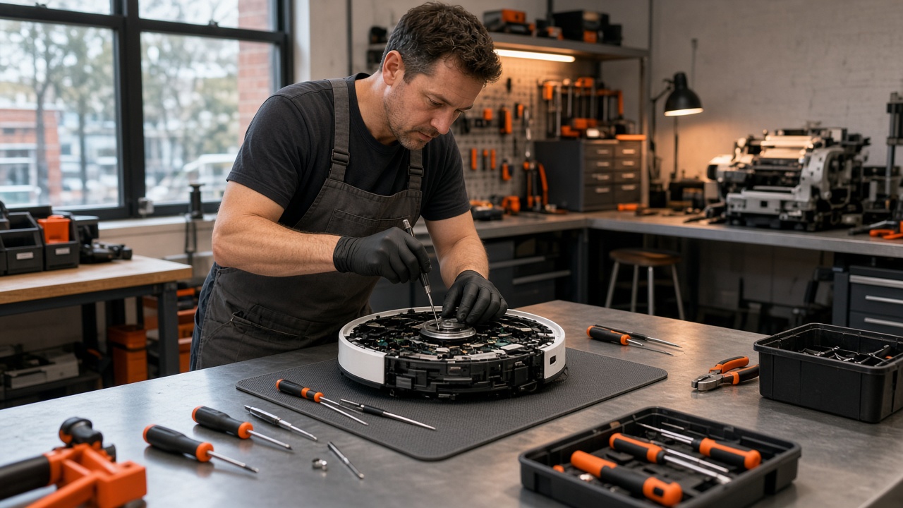 Technician repairing a robot vacuum on a Brisbane workshop bench