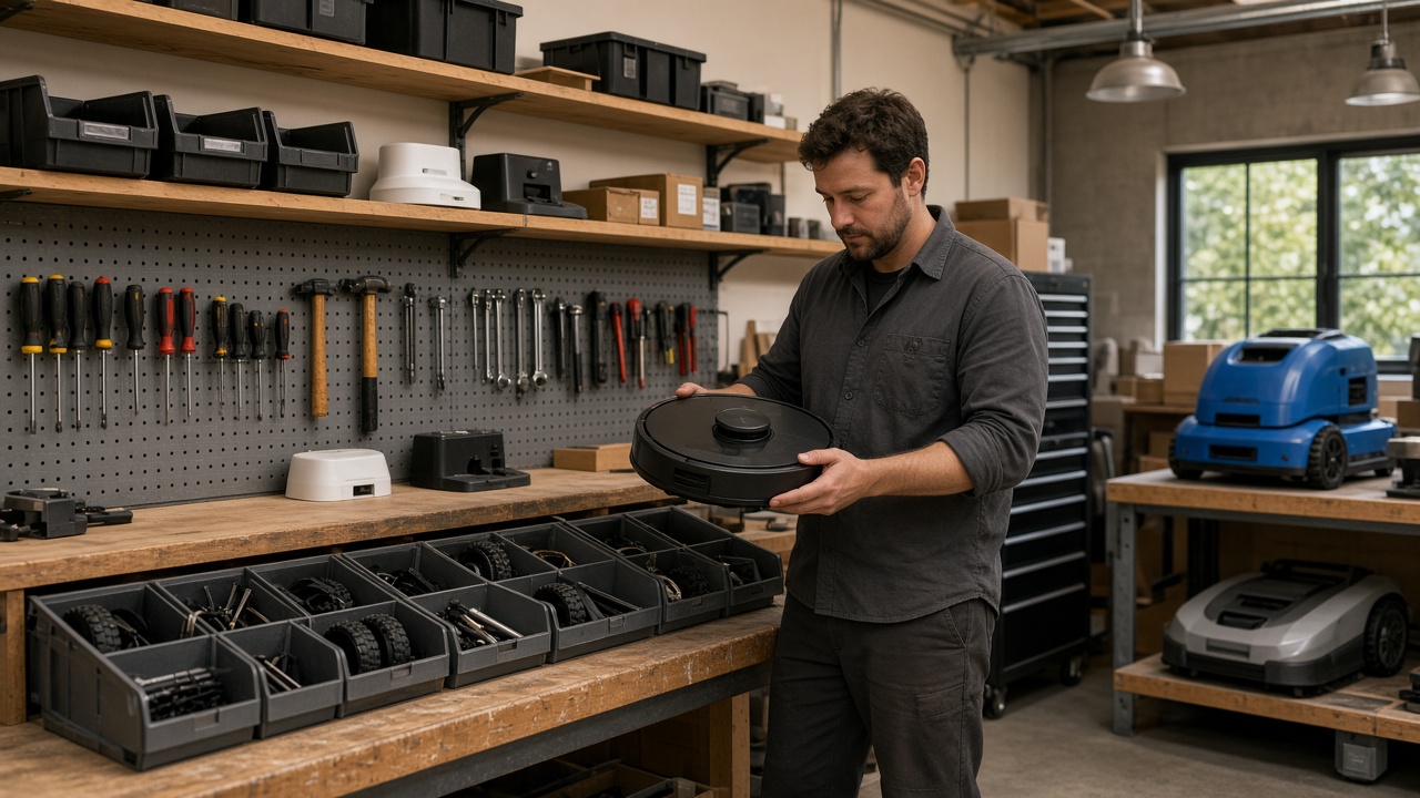 BotRescue-style robot repair studio with organised parts and tools