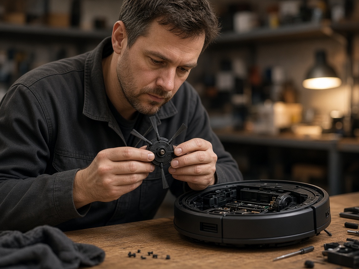 Technician reassembling a robot vacuum after repair